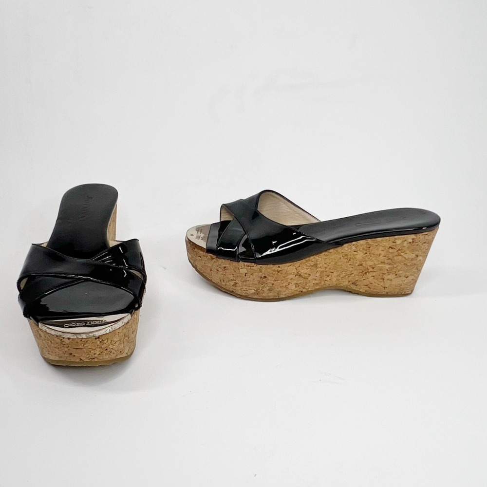 JIMMY CHOO Black Pandora Patent Leather Cork Wedge Platform Sandals 7 (37)